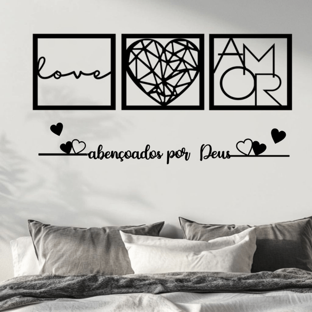 Kit 3 Quadros Cabeceira Amor Coração Geométrico + Frase Parede Abençoados Por Deus + 2 mini coração