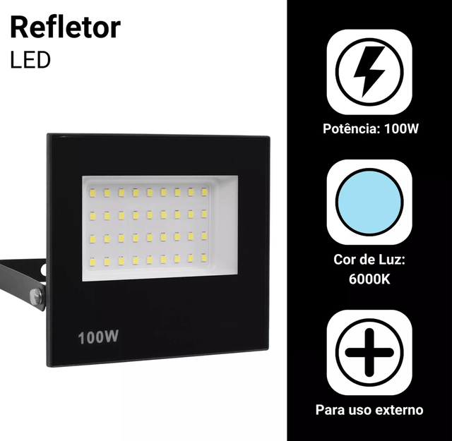 Refletor Led 100w Holofote Bivolt Prova Dágua Ip66 Frio