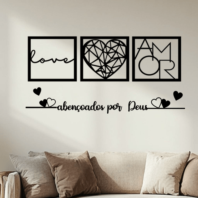 Kit 3 Quadros Cabeceira Amor Coração Geométrico + Frase Parede Abençoados Por Deus + 2 mini coração