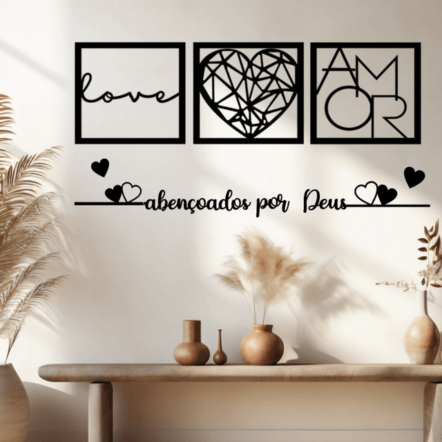 Kit 3 Quadros Cabeceira Amor Coração Geométrico + Frase Parede Abençoados Por Deus + 2 mini coração