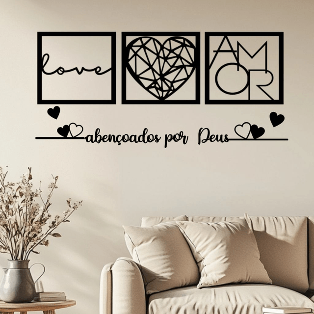 Kit 3 Quadros Cabeceira Amor Coração Geométrico + Frase Parede Abençoados Por Deus + 2 mini coração