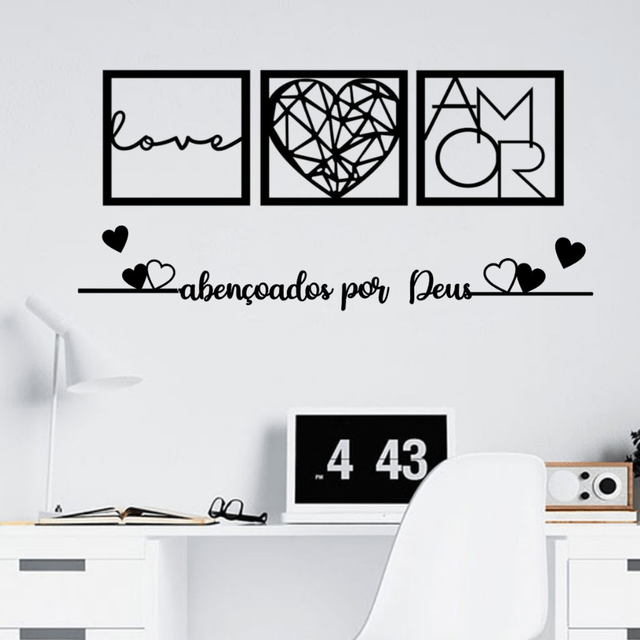 Kit 3 Quadros Cabeceira Amor Coração Geométrico + Frase Parede Abençoados Por Deus + 2 mini coração