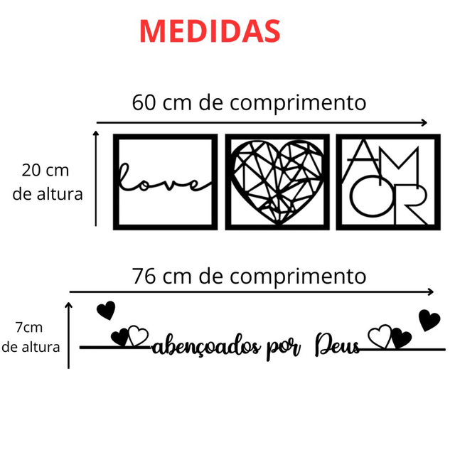Kit 3 Quadros Cabeceira Amor Coração Geométrico + Frase Parede Abençoados Por Deus + 2 mini coração