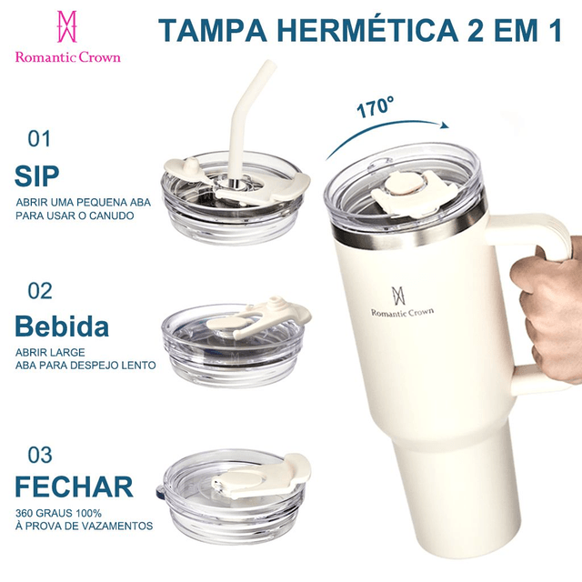 ROMANTIC CROWN Copo Térmico Inox Portátil 1200ml/1.2L Garrafa Térmica Inoxidável com Tampa e Canudo
